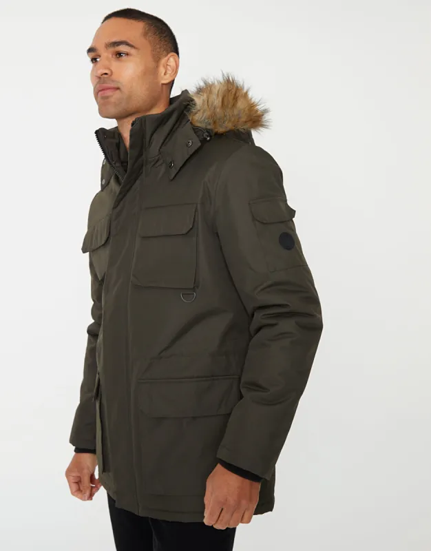 Men's Khaki Showerproof Utility Pocket Parka Jacket sold by Threadbare