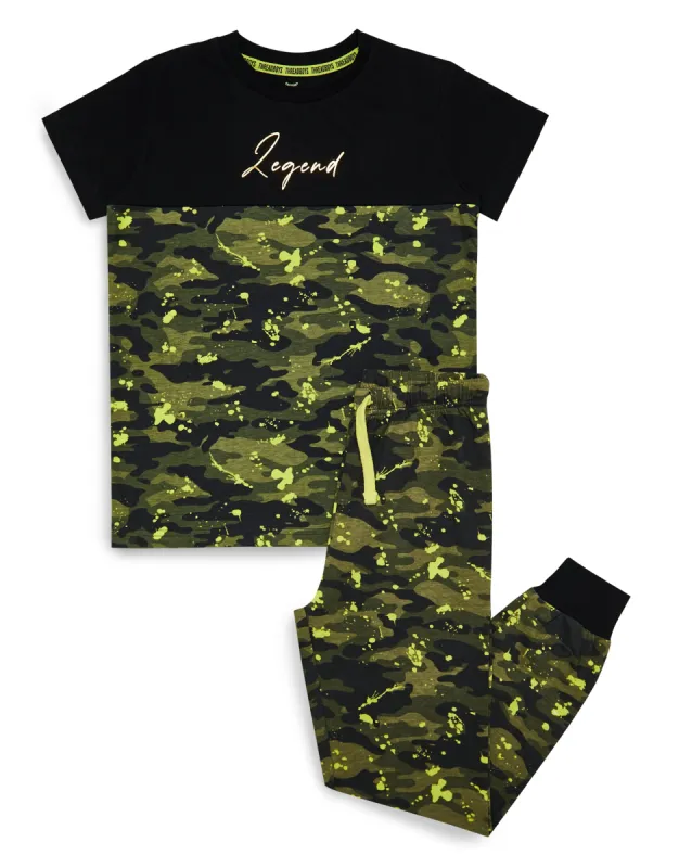 Boys' Khaki Camo Splatter Print Pyjamas (2-Piece Set) made by Threadbare