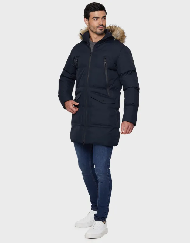 Men's Navy Longline Padded Parka Coat sold by Threadbare