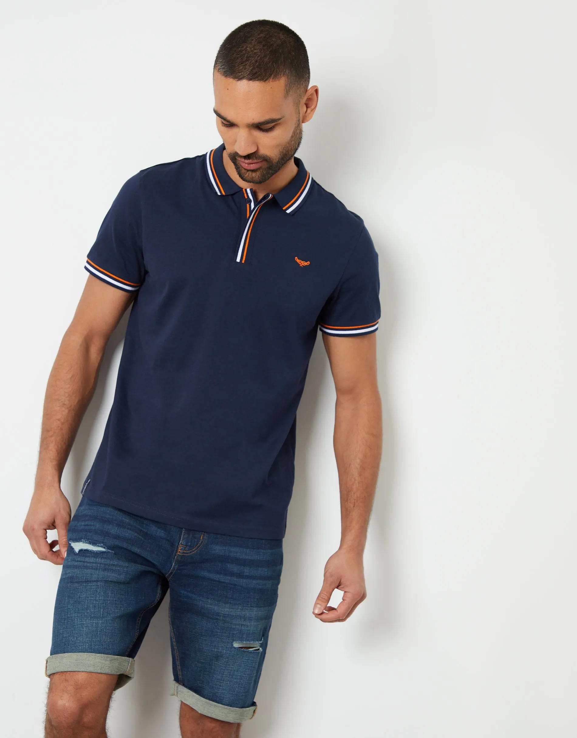 Navy Contrast Tipping Hidden Placket Polo Shirt sold by Threadbare