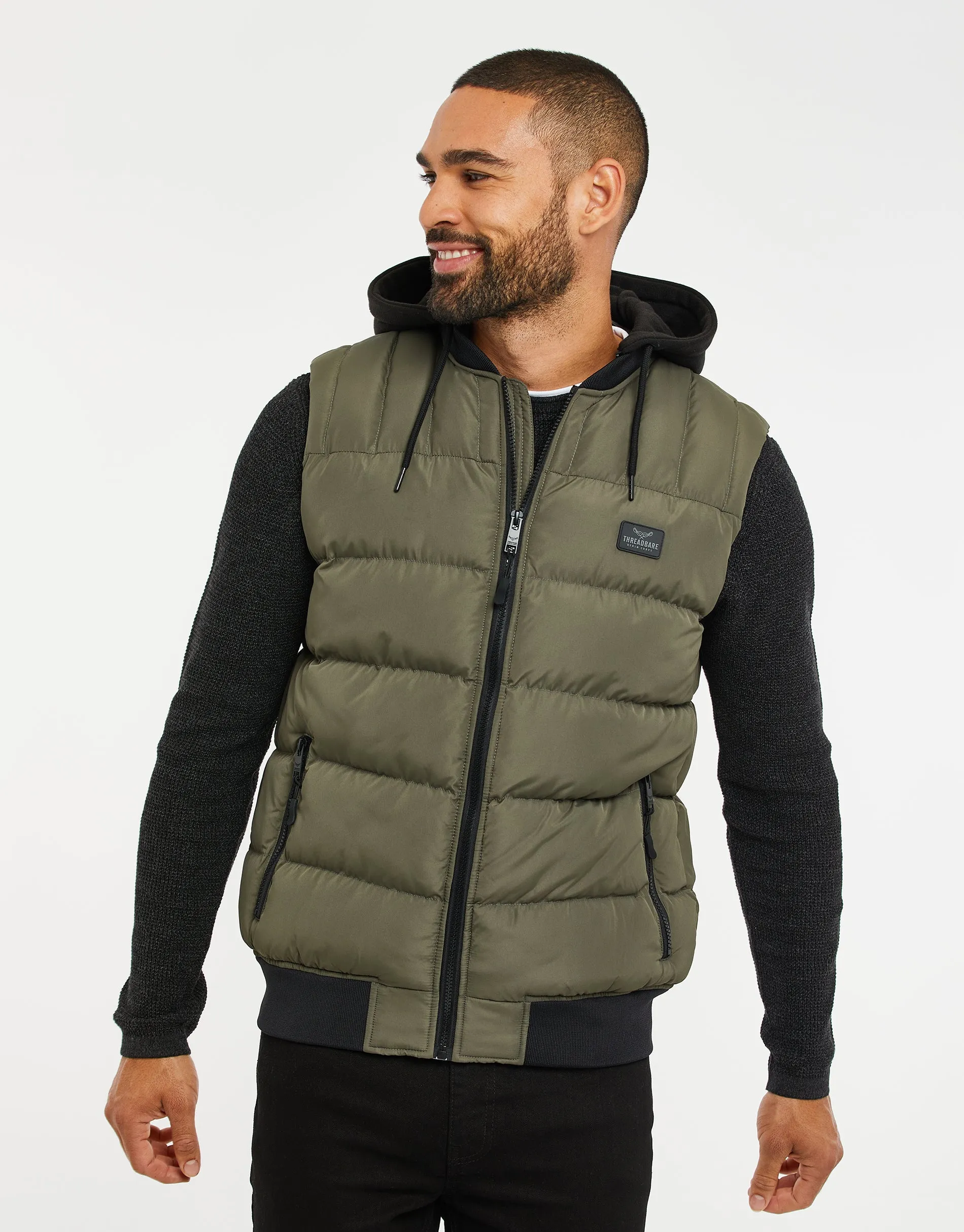 Men's Khaki Hooded Padded Gilet sold by Threadbare