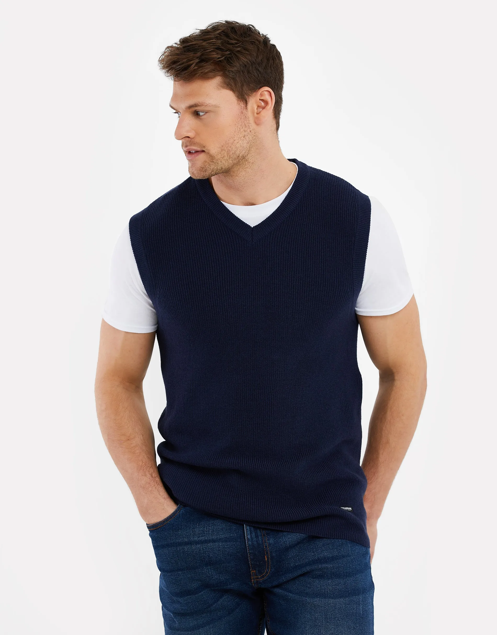 Men's Navy Knitted V-Neck Vest sold by Threadbare
