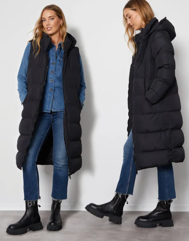 Women's Black Padded Longline 2-in-1 Puffer Jacket with Detachable Sleeves sold by Threadbare