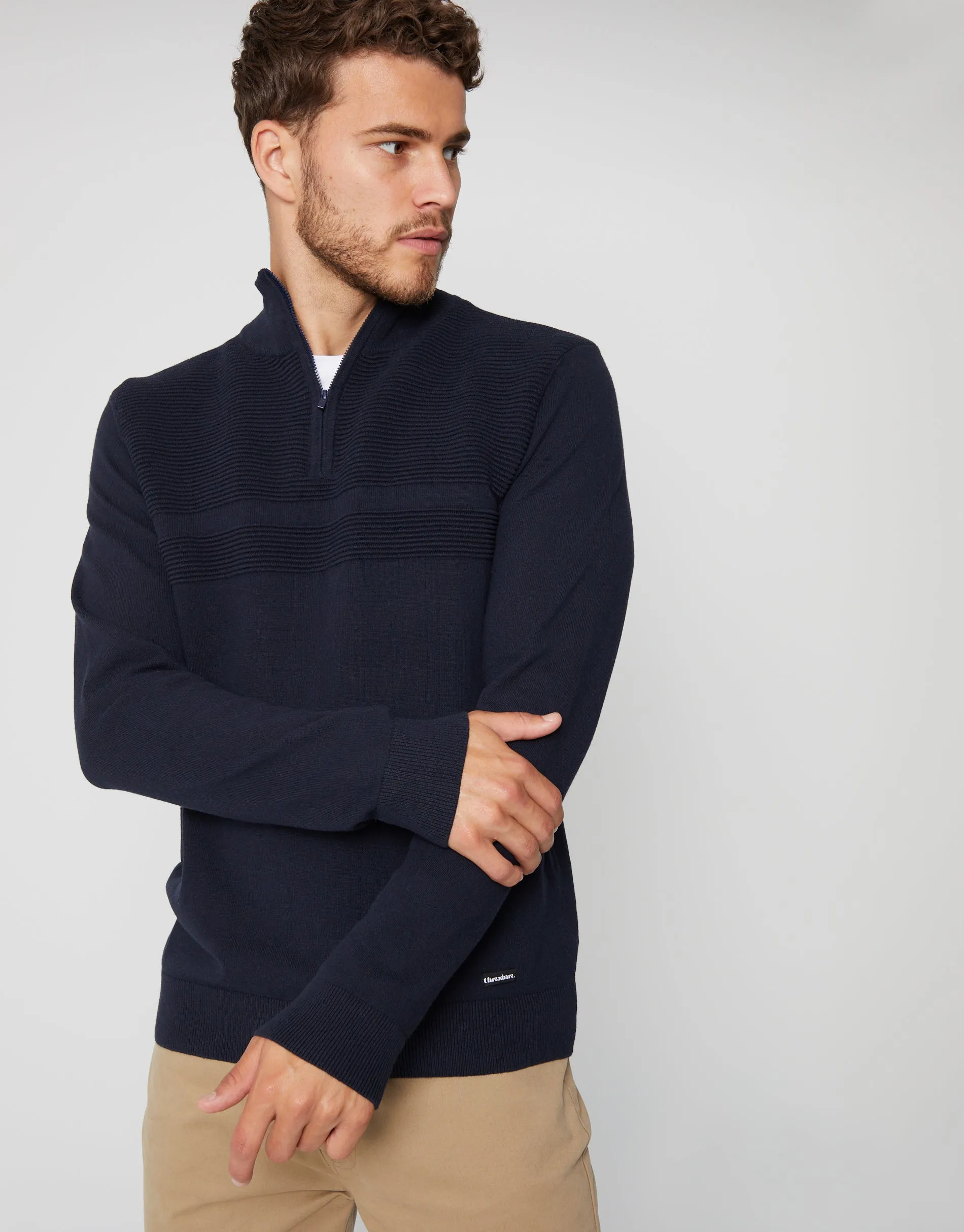 Navy Rib Detail Knitted Quarter Zip Jumper sold by Threadbare