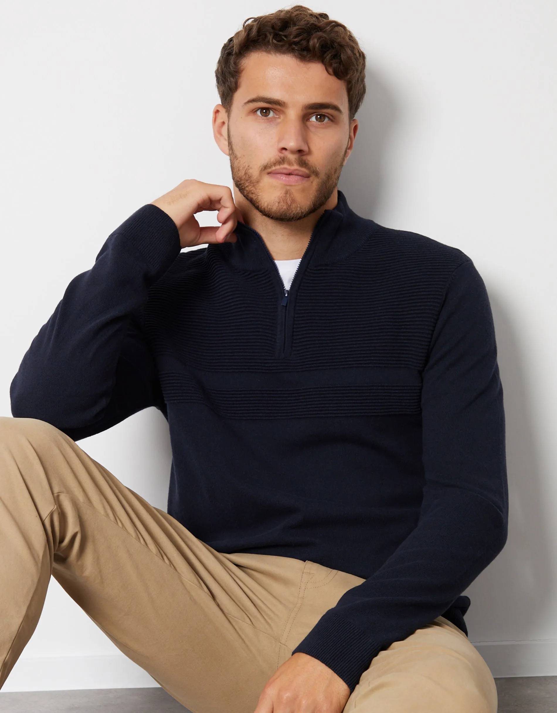 Navy Rib Detail Knitted Quarter Zip Jumper sold by Threadbare product image thumbnail 3