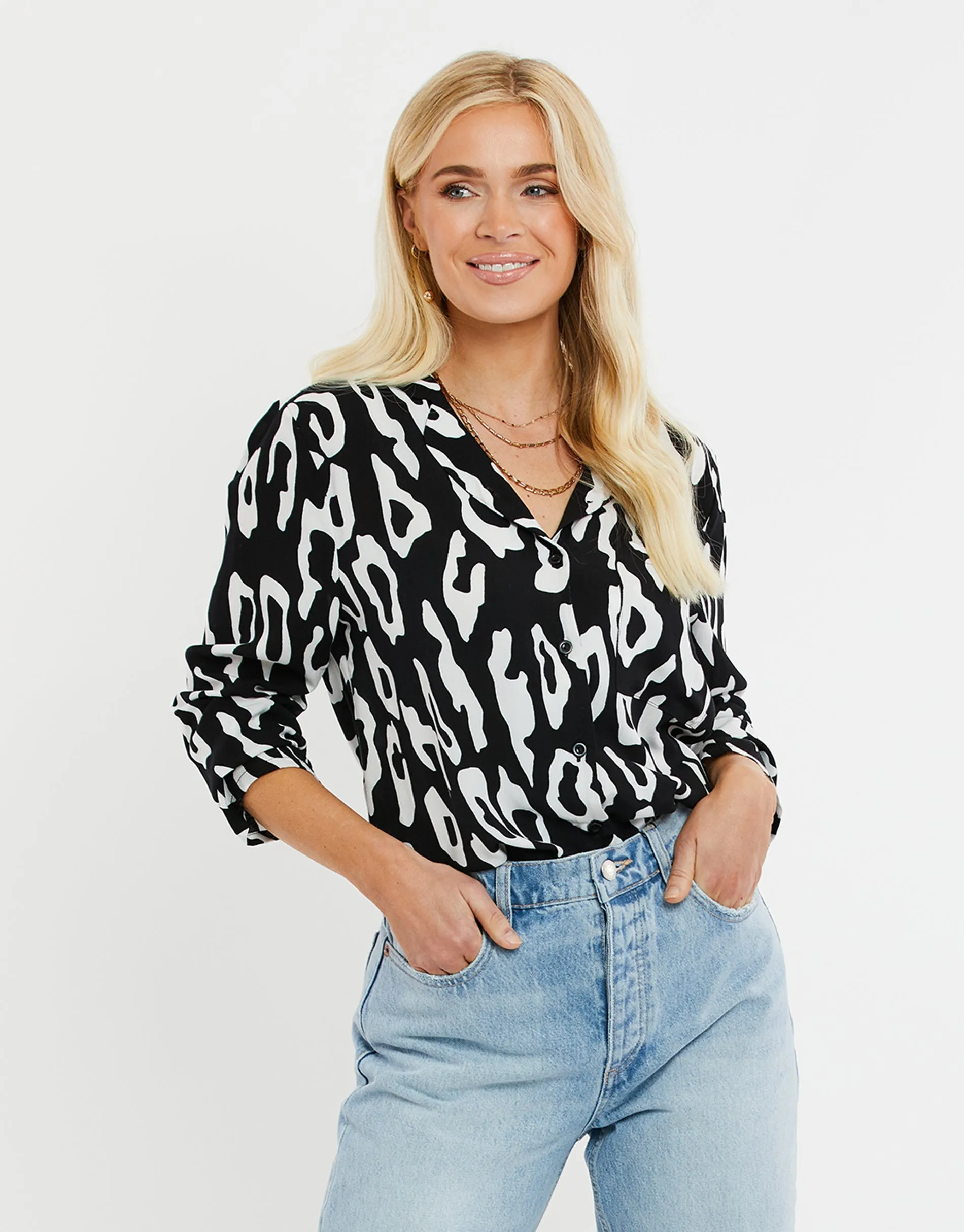 Women's Black & White Animal Print Blouse sold by Threadbare