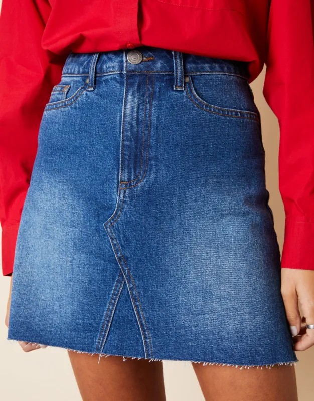 Women's Mid Wash Raw Hem Denim Mini Skirt sold by Threadbare