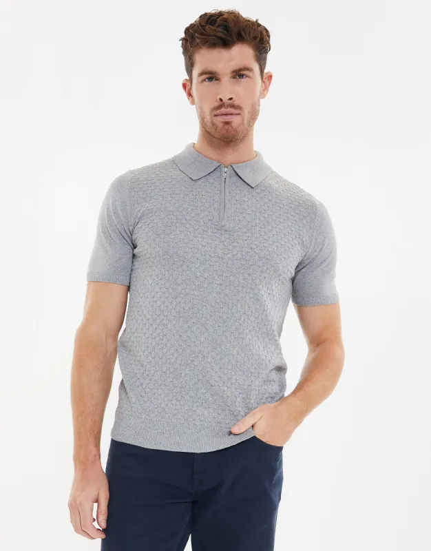 Men's Grey Marl Textured Quarter Zip Knitted Polo sold by Threadbare