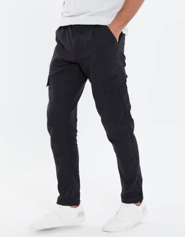 Men's Black Linen Mix Cargo Trousers sold by Threadbare