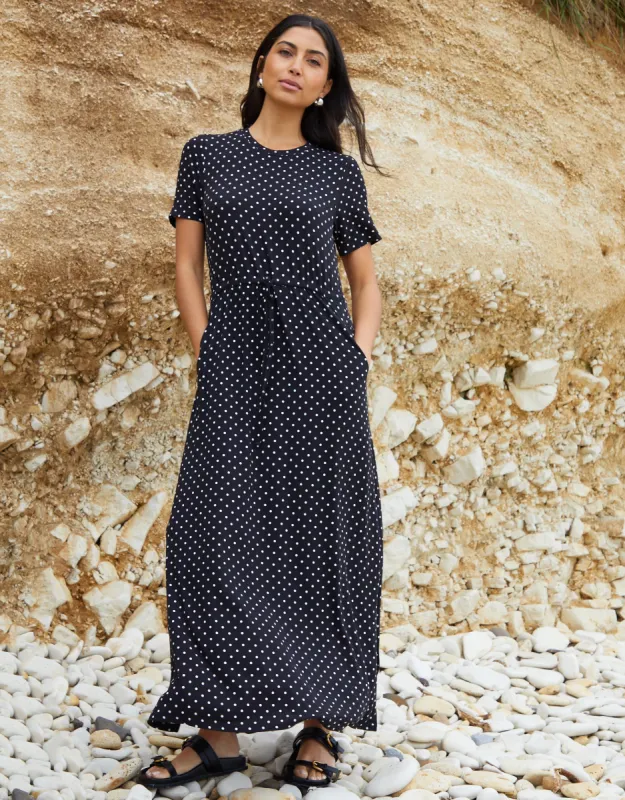 Women's Black Polka Dot Ruched Waist Jersey Midi Dress with Pockets sold by Threadbare