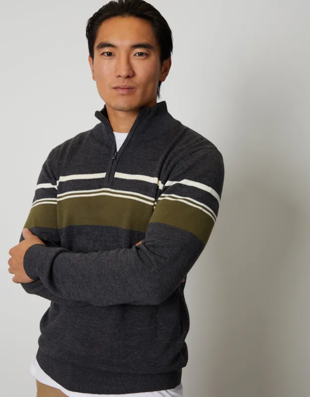 Threadbare Men's Charcoal Grey Marl Quarter Zip Colourblock Striped Knitted Jumper sold by Threadbare