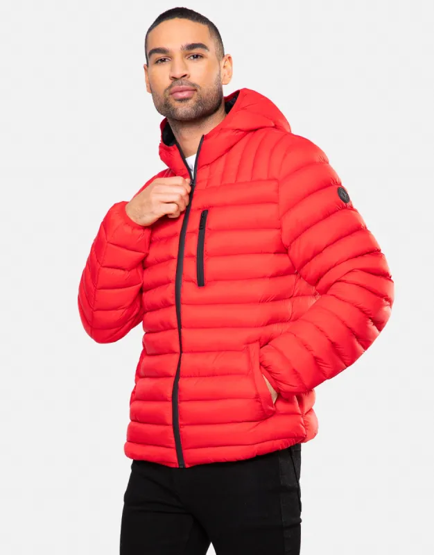 Men's Red Hooded Puffer Jacket sold by Threadbare