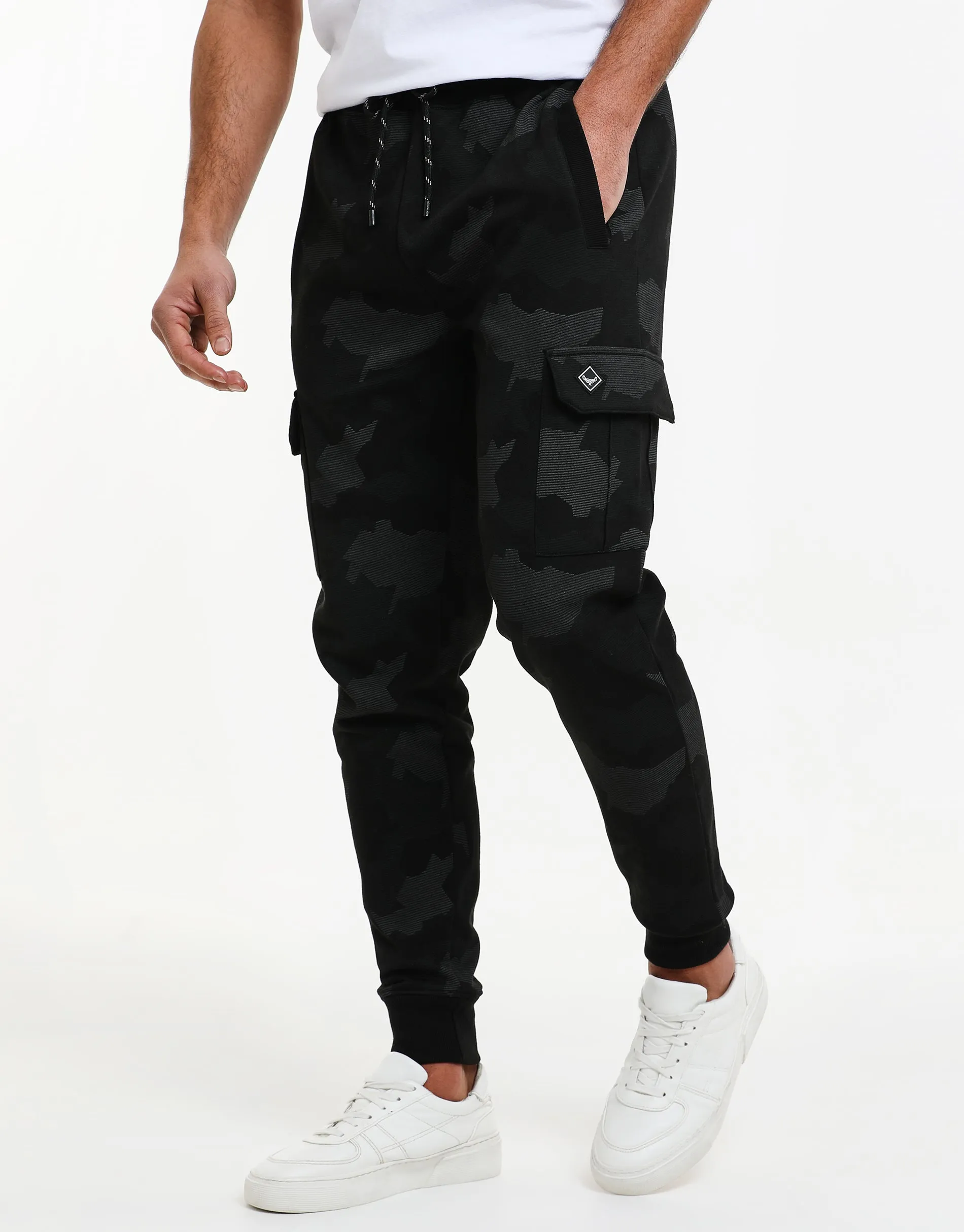 Men's Charcoal Camo Cargo Joggers sold by Threadbare
