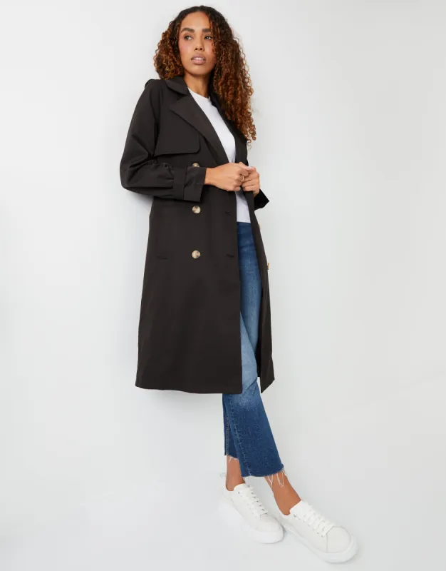 Women's Black Double Breasted Trench Coat sold by Threadbare