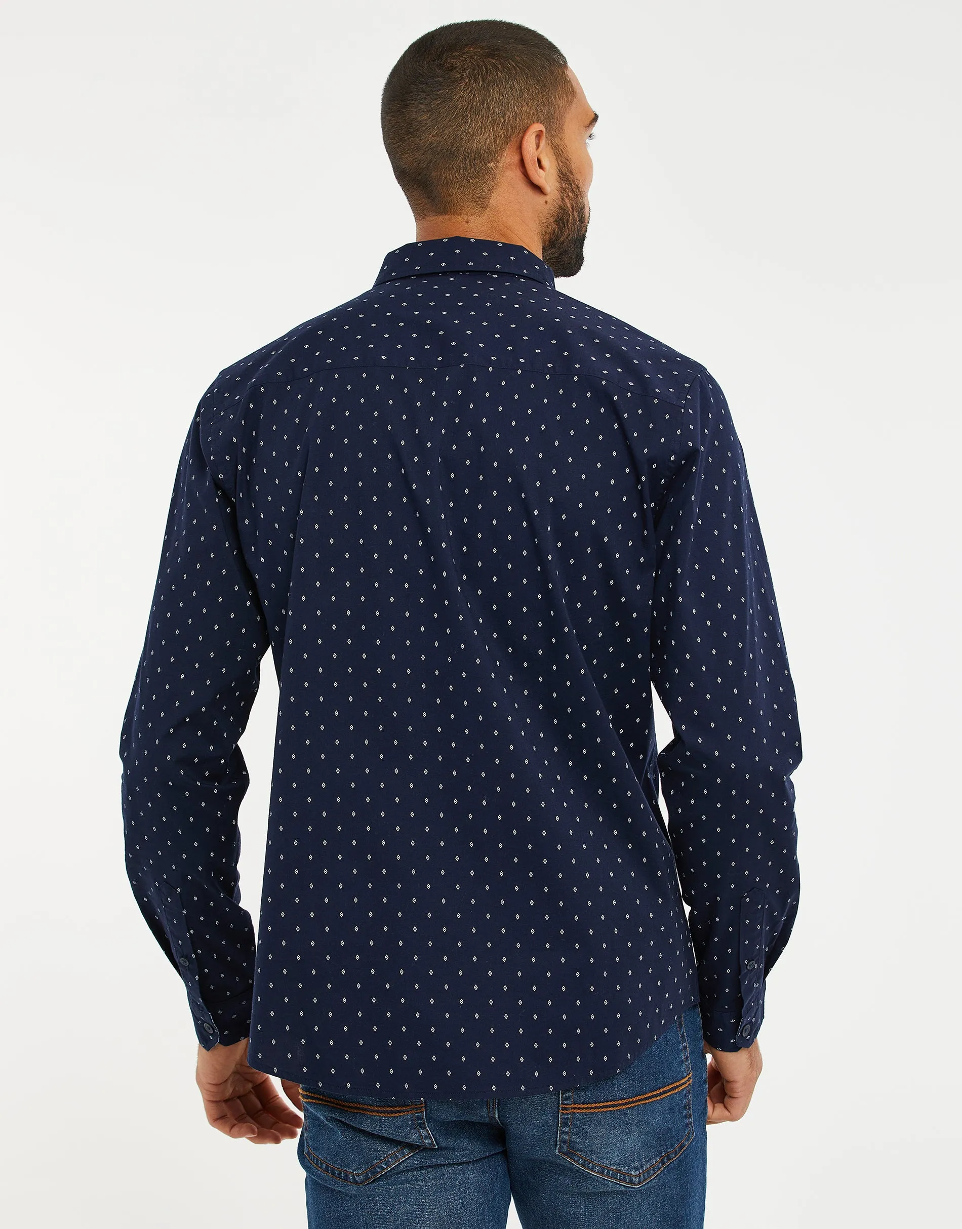 Men's Navy Geometric Print Long Sleeve Shirt sold by Threadbare product image thumbnail 2
