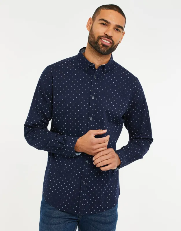 Men's Navy Geometric Print Long Sleeve Shirt sold by Threadbare