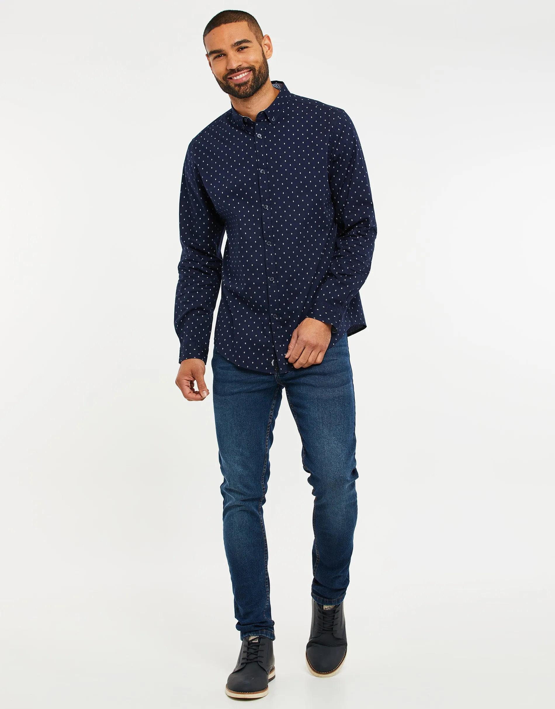 Men's Navy Geometric Print Long Sleeve Shirt sold by Threadbare product image thumbnail 3