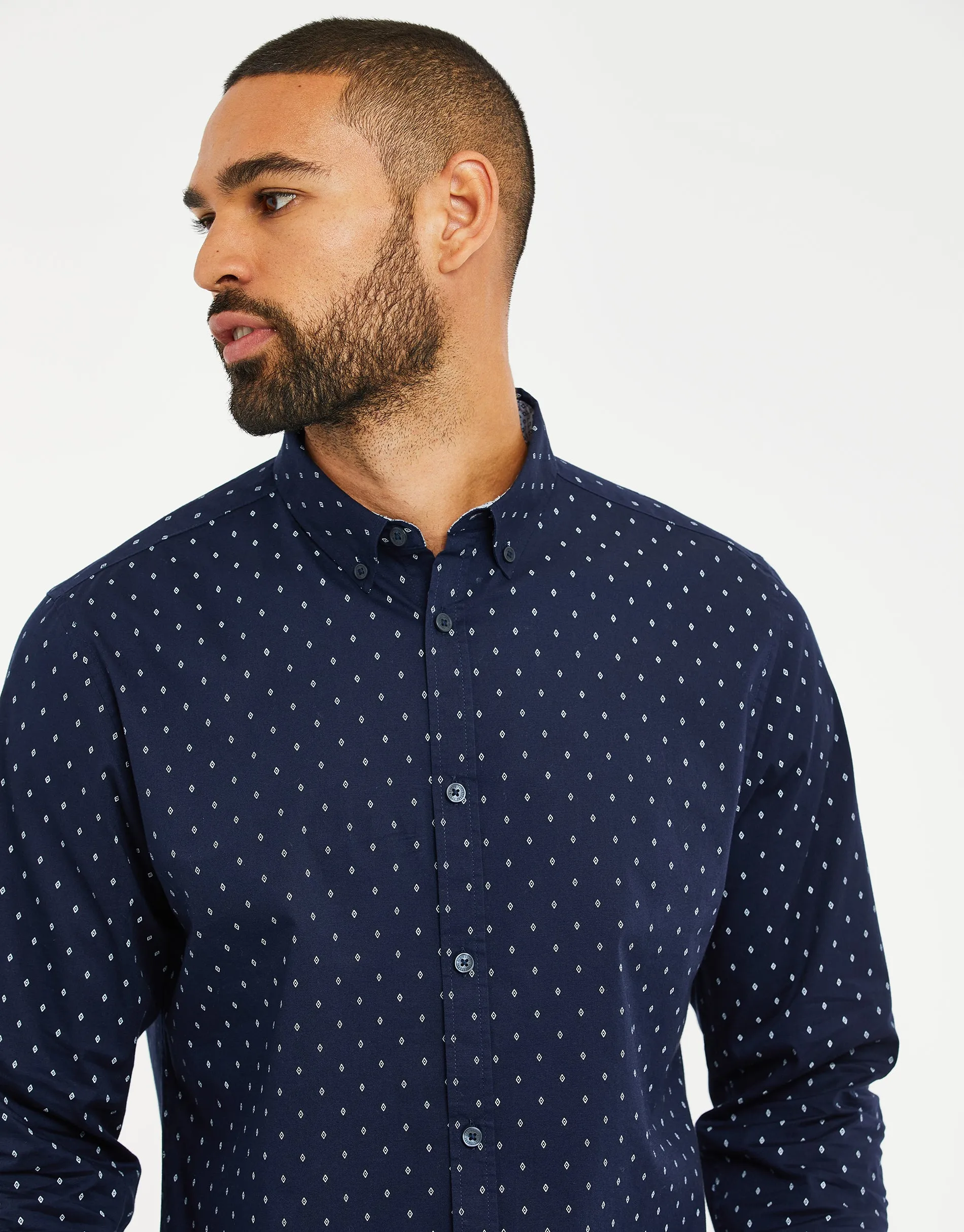 Men's Navy Geometric Print Long Sleeve Shirt sold by Threadbare product image thumbnail 4
