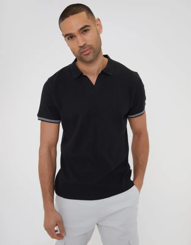 Black Textured Open Collar Polo Shirt sold by Threadbare