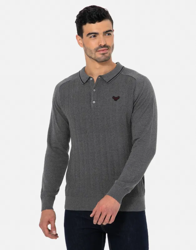 Men's Grey Long Sleeve Polo Jumper sold by Threadbare