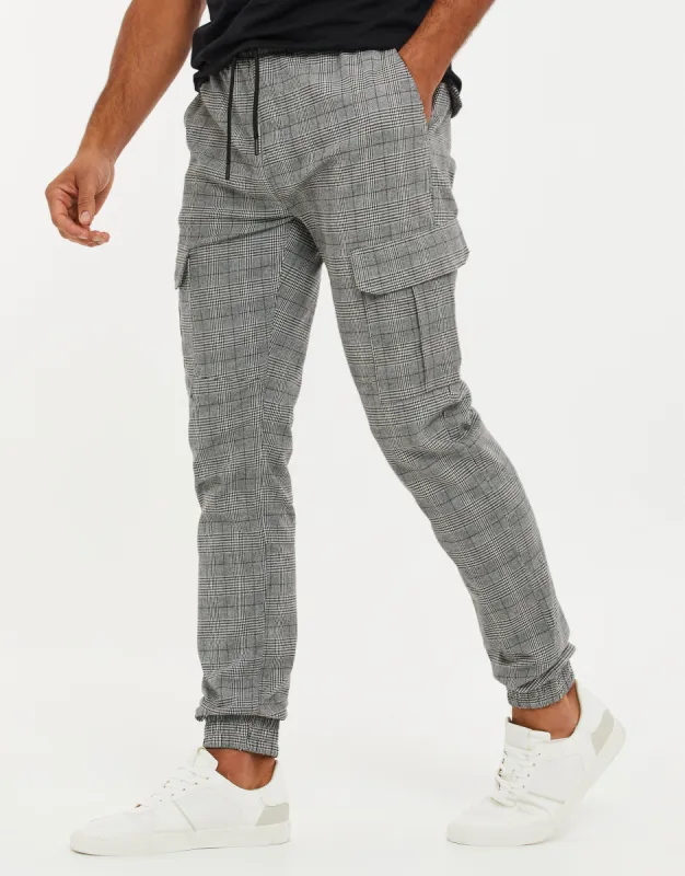 Men's Grey Check Slim Fit Cargo Style Trousers sold by Threadbare
