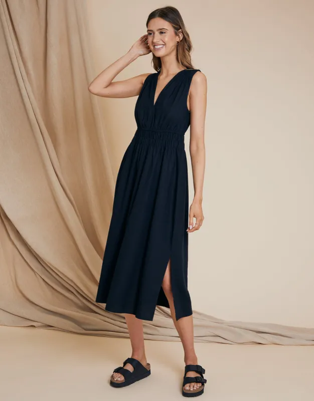 Women's Black Linen Blend Ruched Midi Dress sold by Threadbare