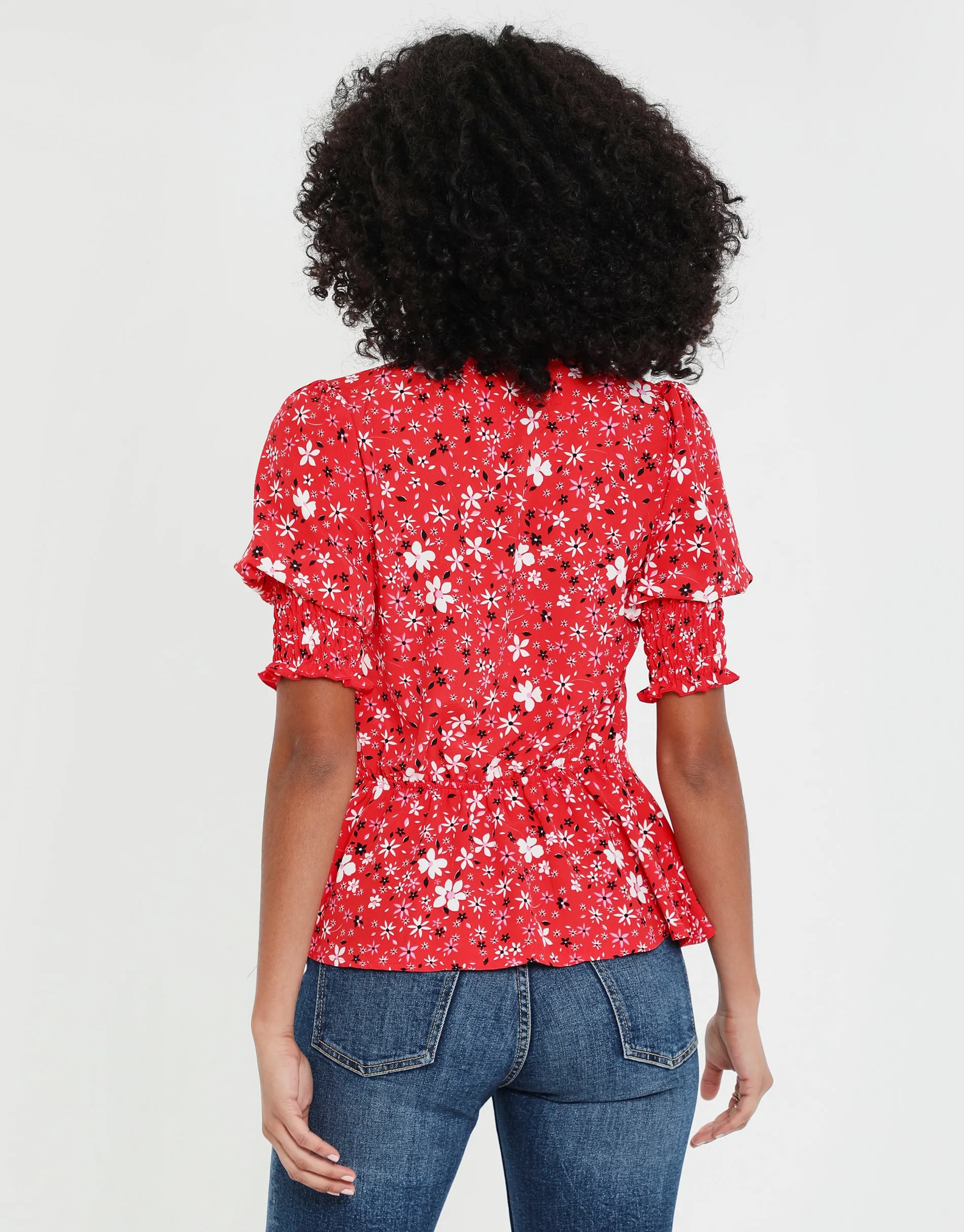 Women's Red Ditsy Floral Print Short Sleeve Wrap Blouse sold by Threadbare product image thumbnail 2