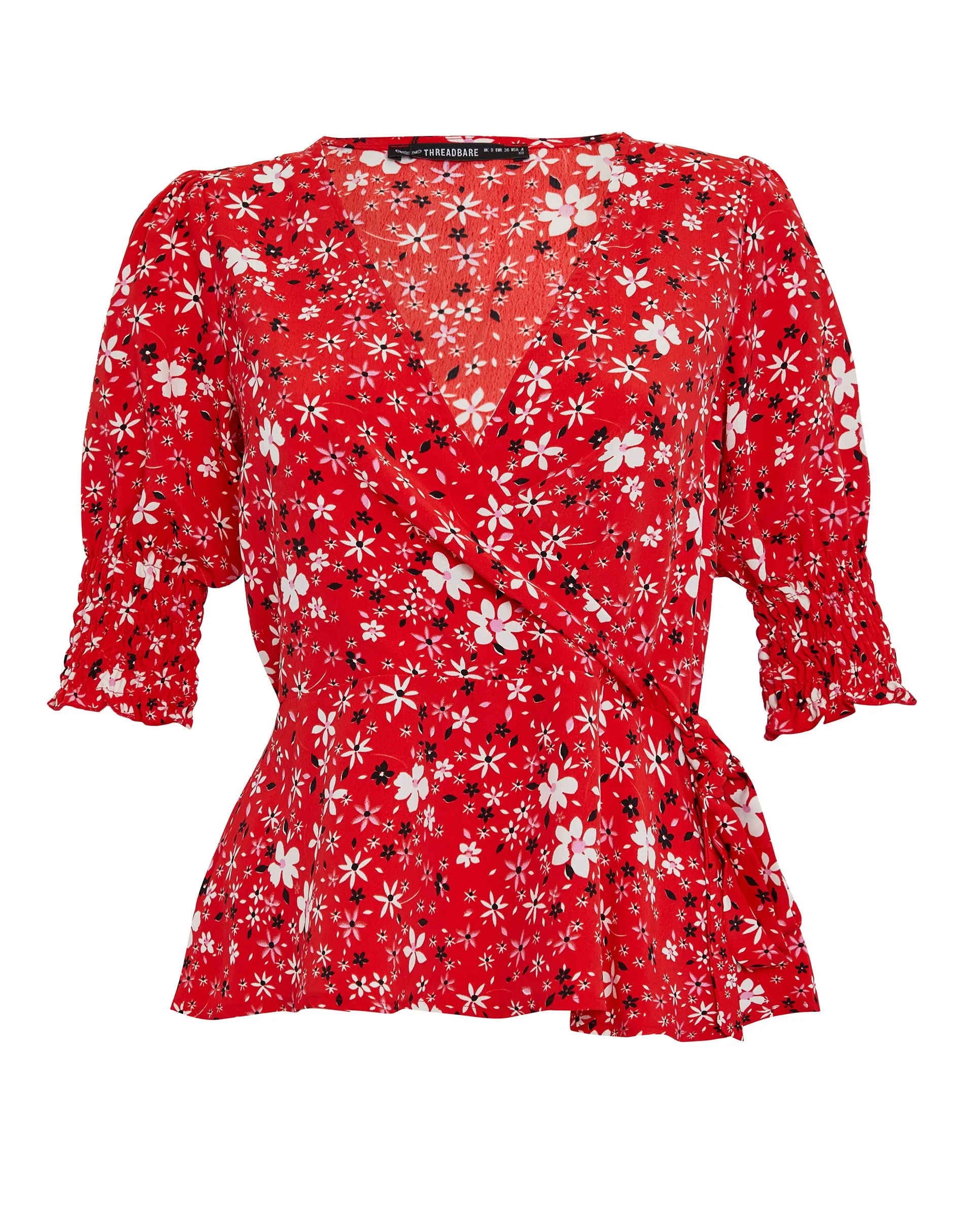 Women's Red Ditsy Floral Print Short Sleeve Wrap Blouse sold by Threadbare product image thumbnail 5