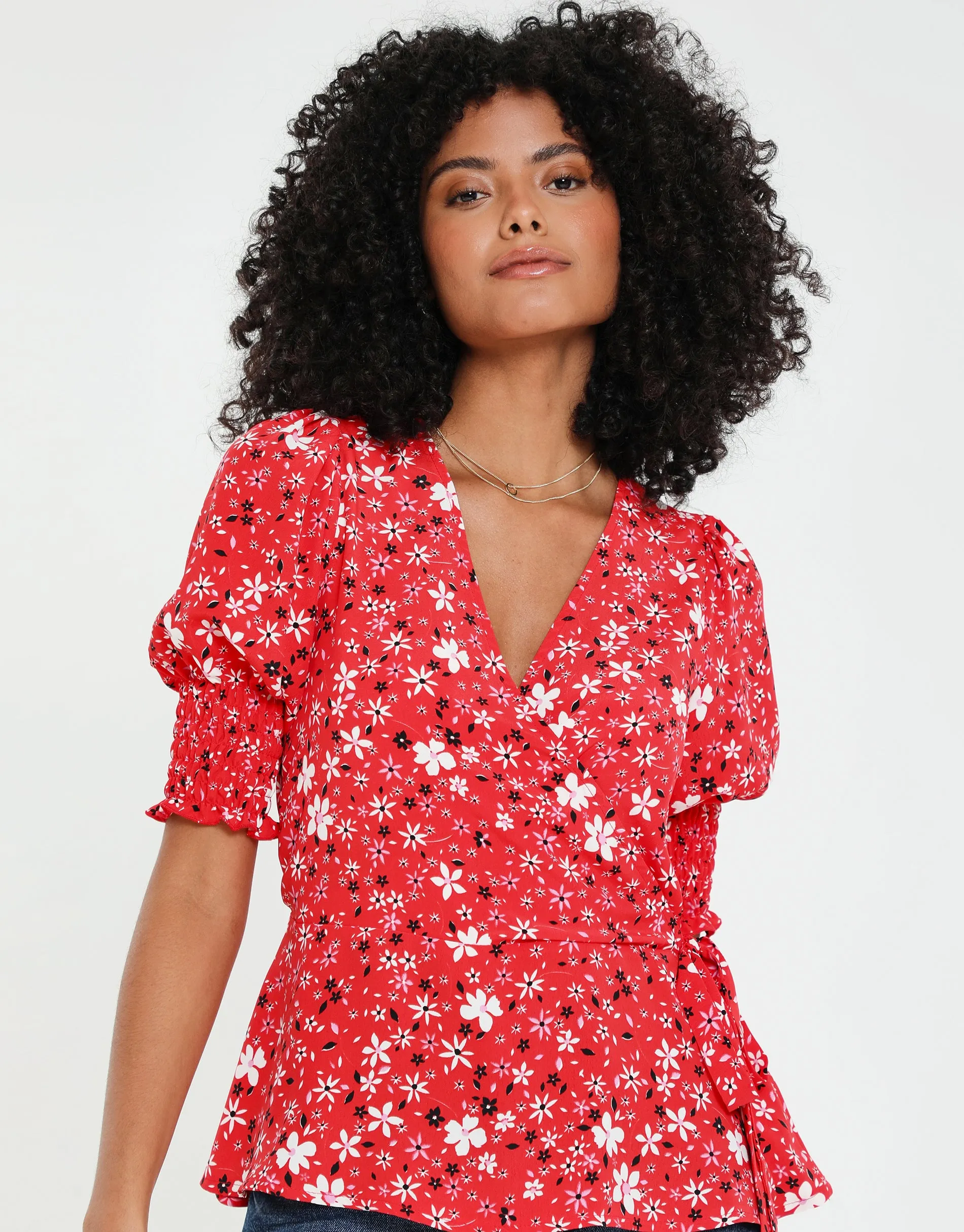 Women's Red Ditsy Floral Print Short Sleeve Wrap Blouse sold by Threadbare product image thumbnail 4