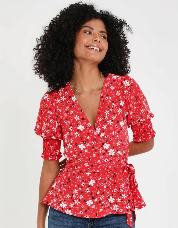 Women's Red Ditsy Floral Print Short Sleeve Wrap Blouse sold by Threadbare
