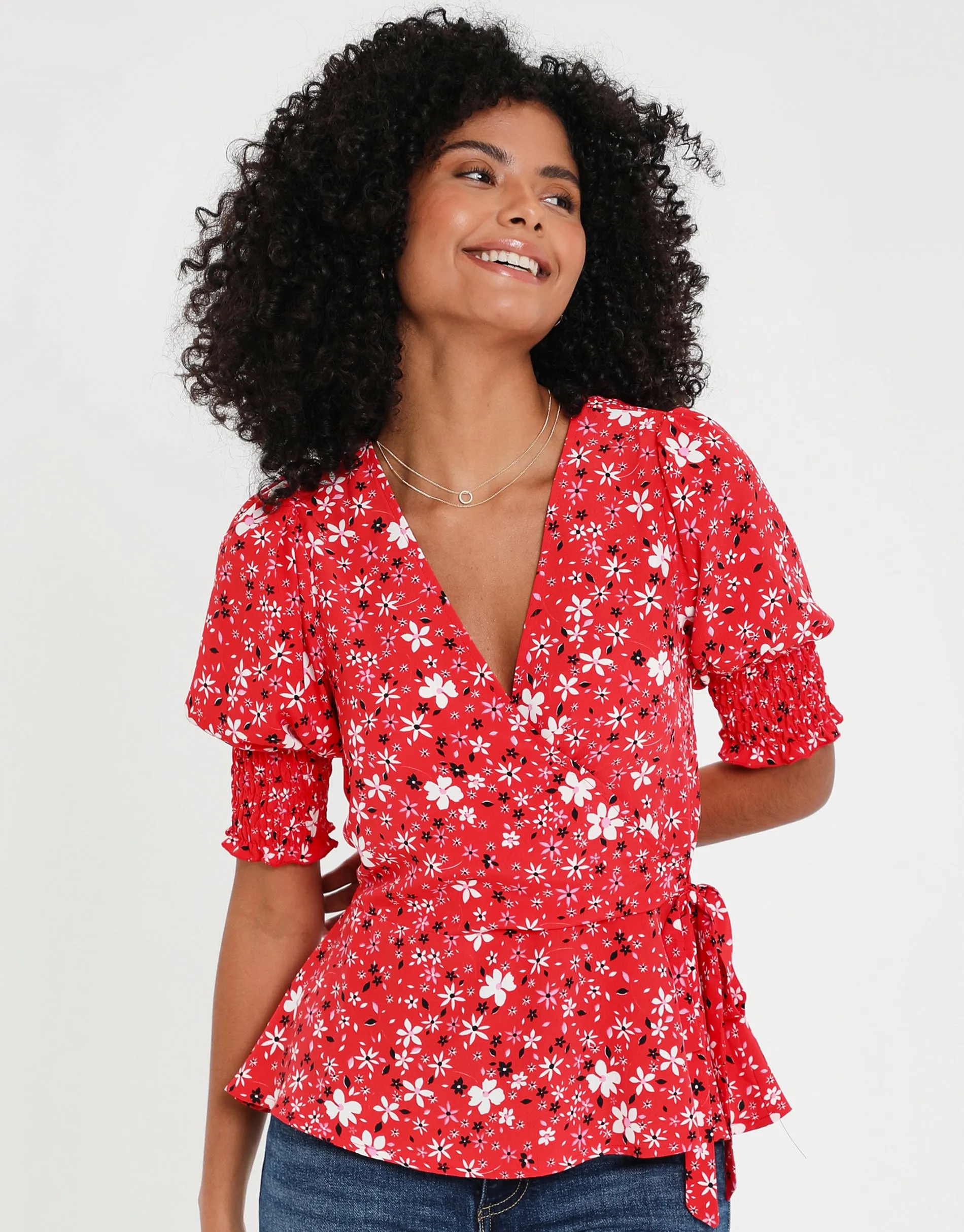Women's Red Ditsy Floral Print Short Sleeve Wrap Blouse sold by Threadbare