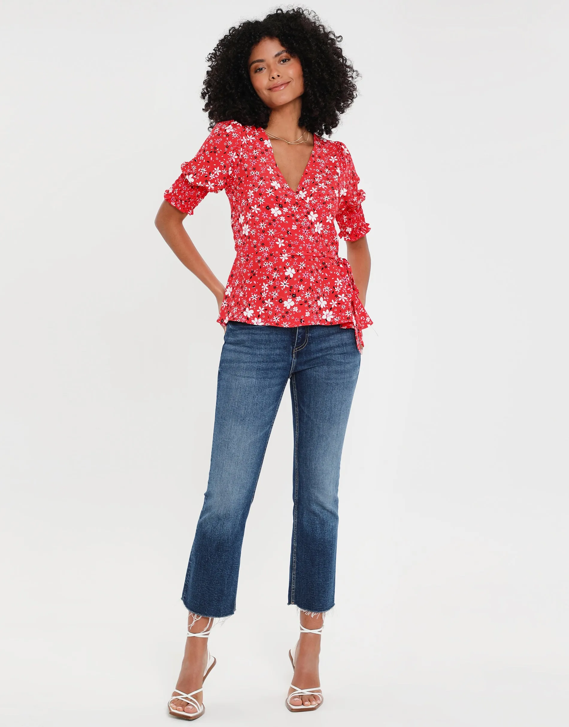 Women's Red Ditsy Floral Print Short Sleeve Wrap Blouse sold by Threadbare product image thumbnail 3