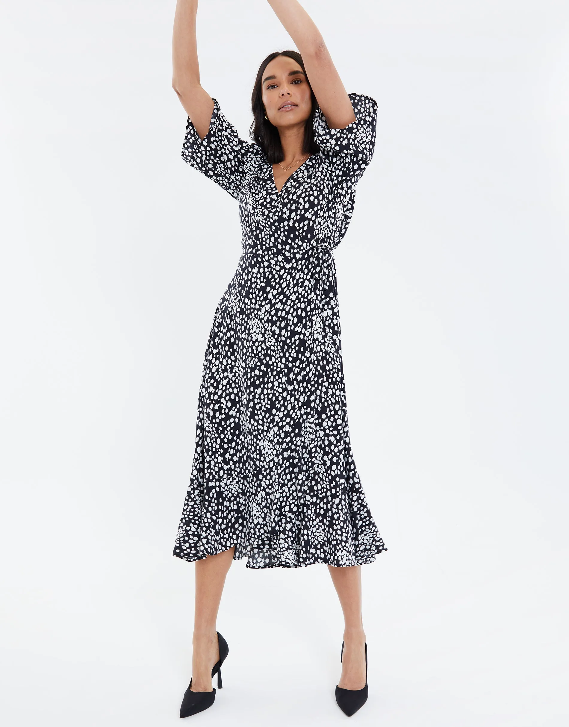 Women's Black Abstract Polka Dot Midi Wrap Dress sold by Threadbare product image thumbnail 5