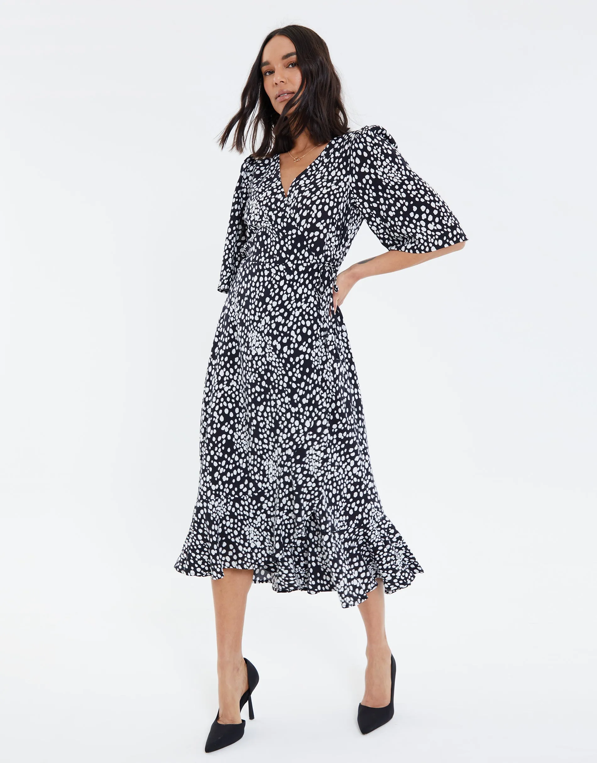 Women's Black Abstract Polka Dot Midi Wrap Dress sold by Threadbare product image thumbnail 3