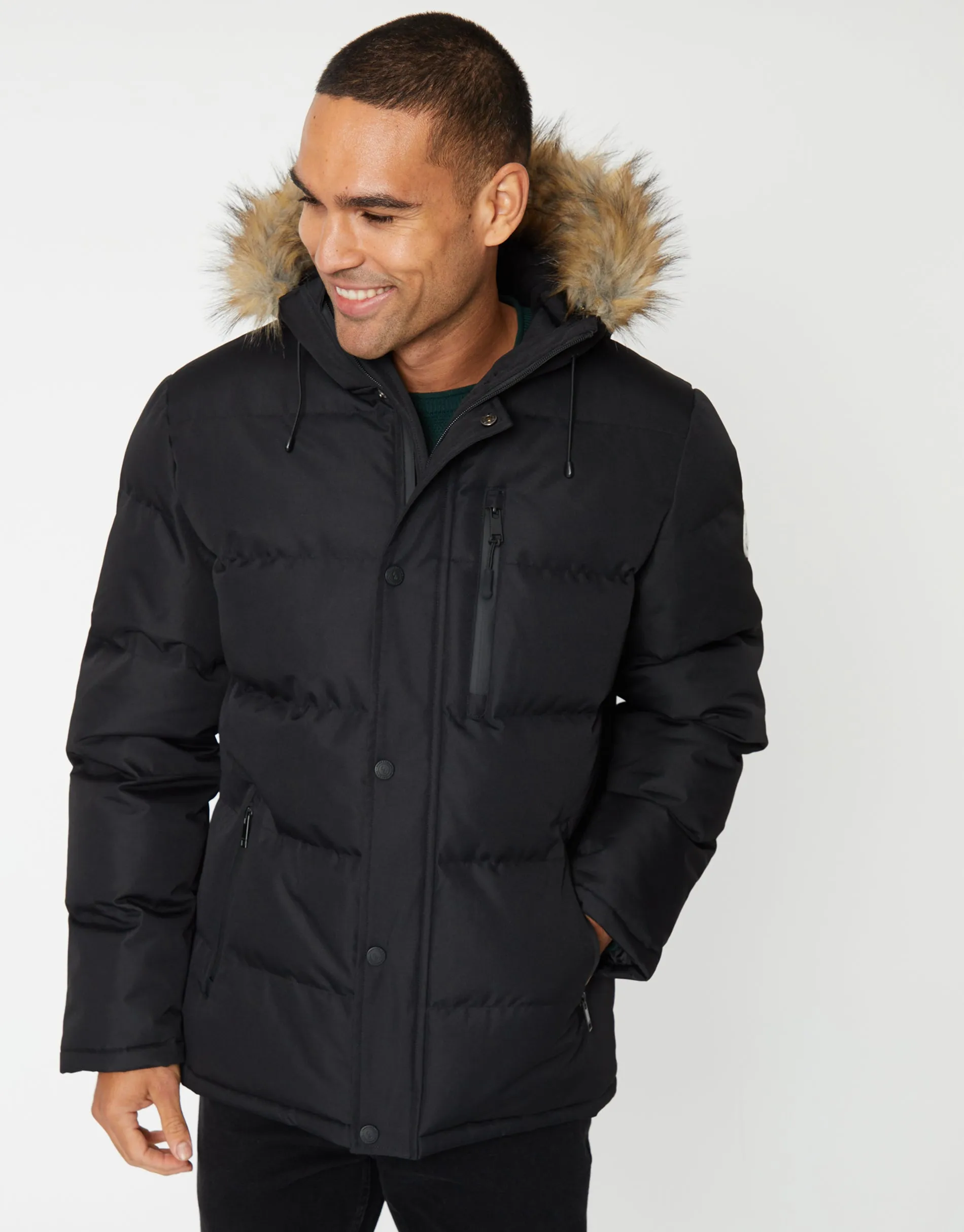 Showerproof Padded Parka Jacket in Black sold by Threadbare