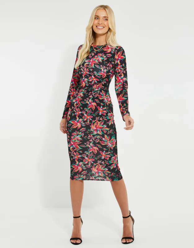 Women's Black Floral Ruched Midi Dress made by Threadbare