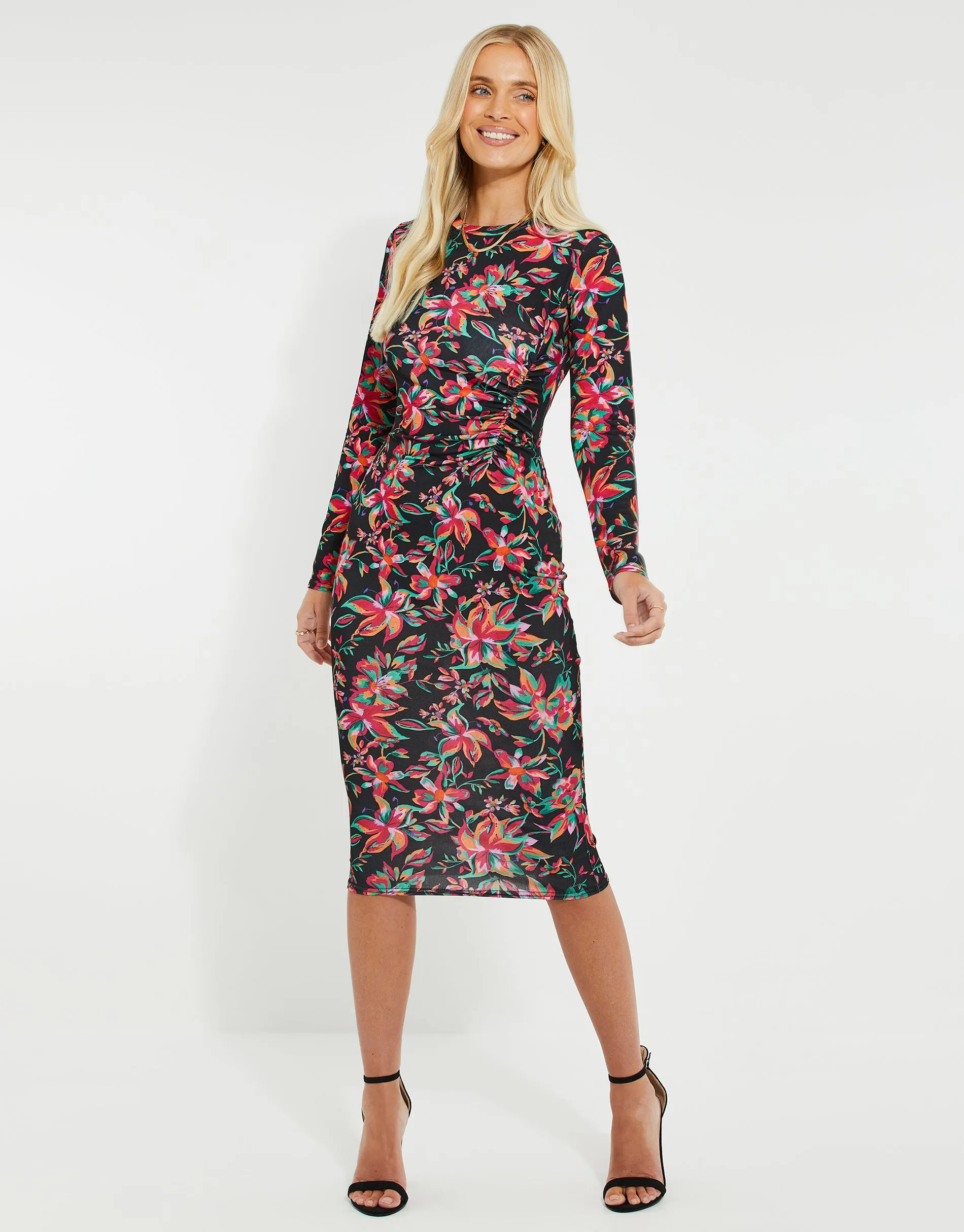 Women's Black Floral Ruched Midi Dress sold by Threadbare