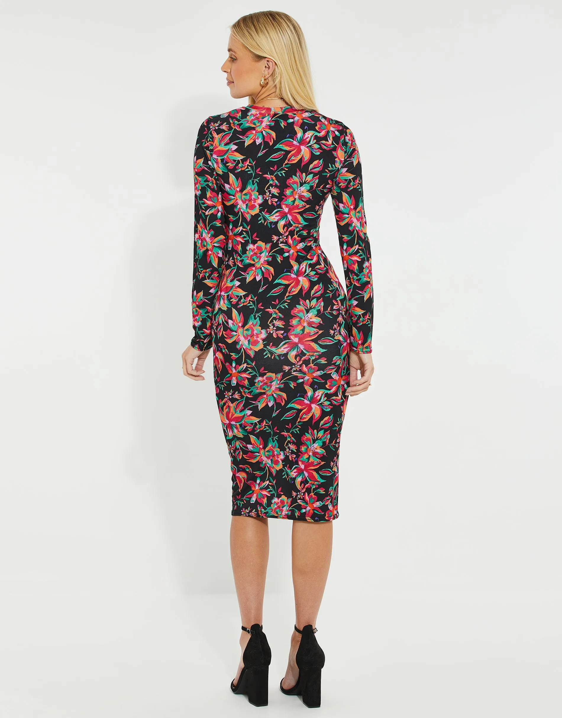 Women's Black Floral Ruched Midi Dress sold by Threadbare product image thumbnail 2
