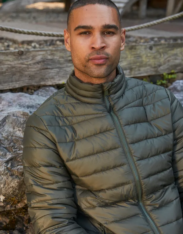 Men's Khaki Matte Finish Padded Funnel Neck Jacket sold by Threadbare