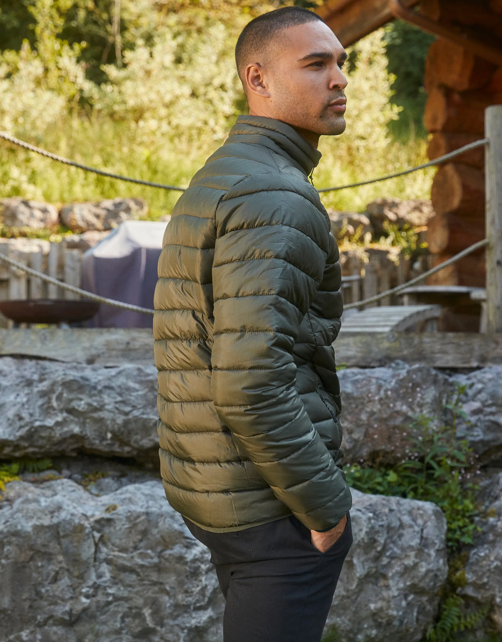 Men's Khaki Matte Finish Padded Funnel Neck Jacket sold by Threadbare product image thumbnail 2