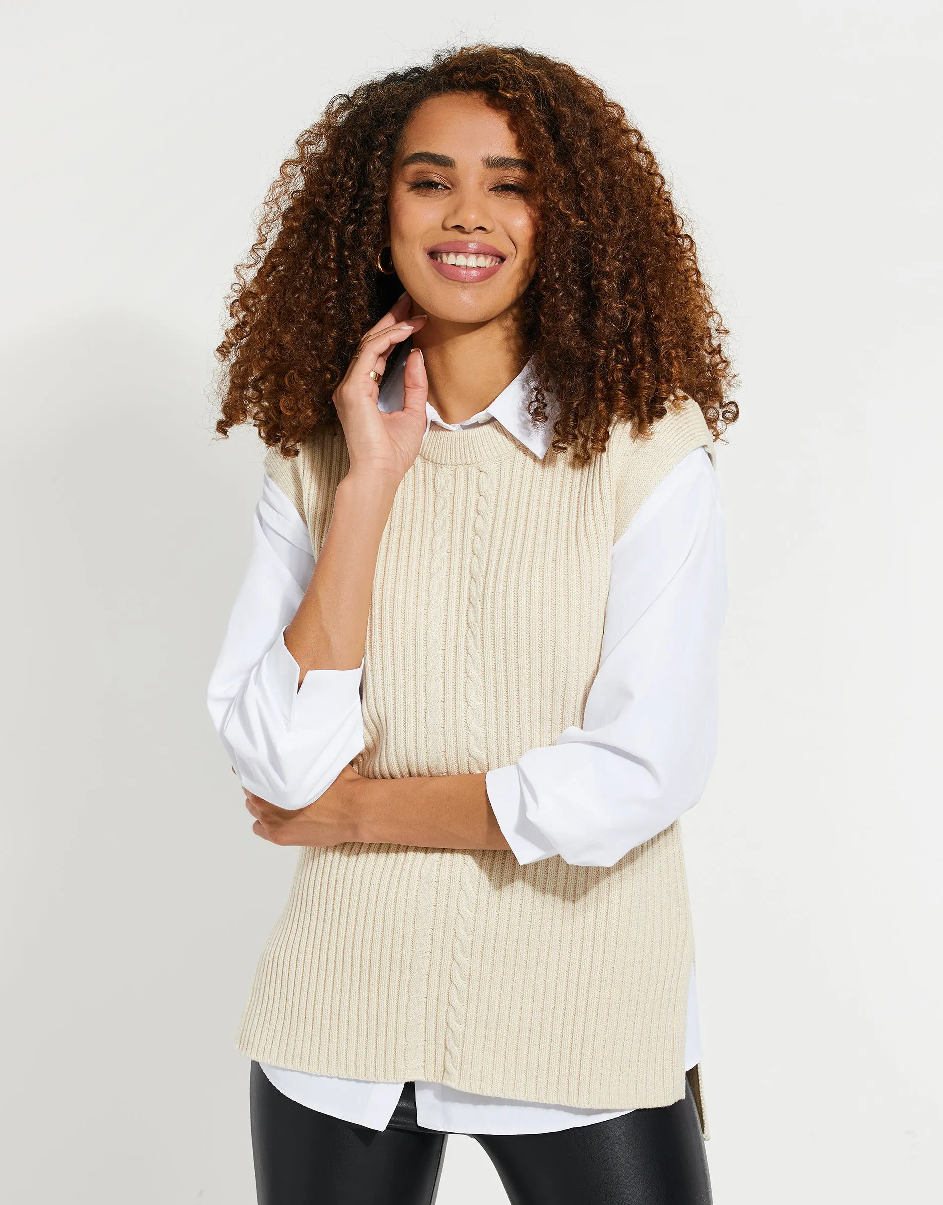 Women's Stone Cable Knit Vest sold by Threadbare