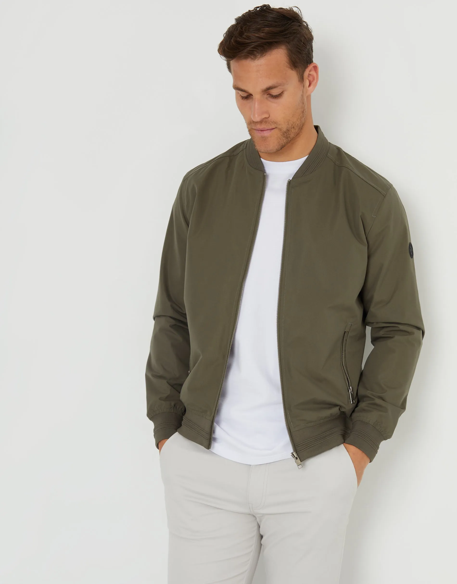 Khaki Green Showerproof Classic Bomber Jacket sold by Threadbare