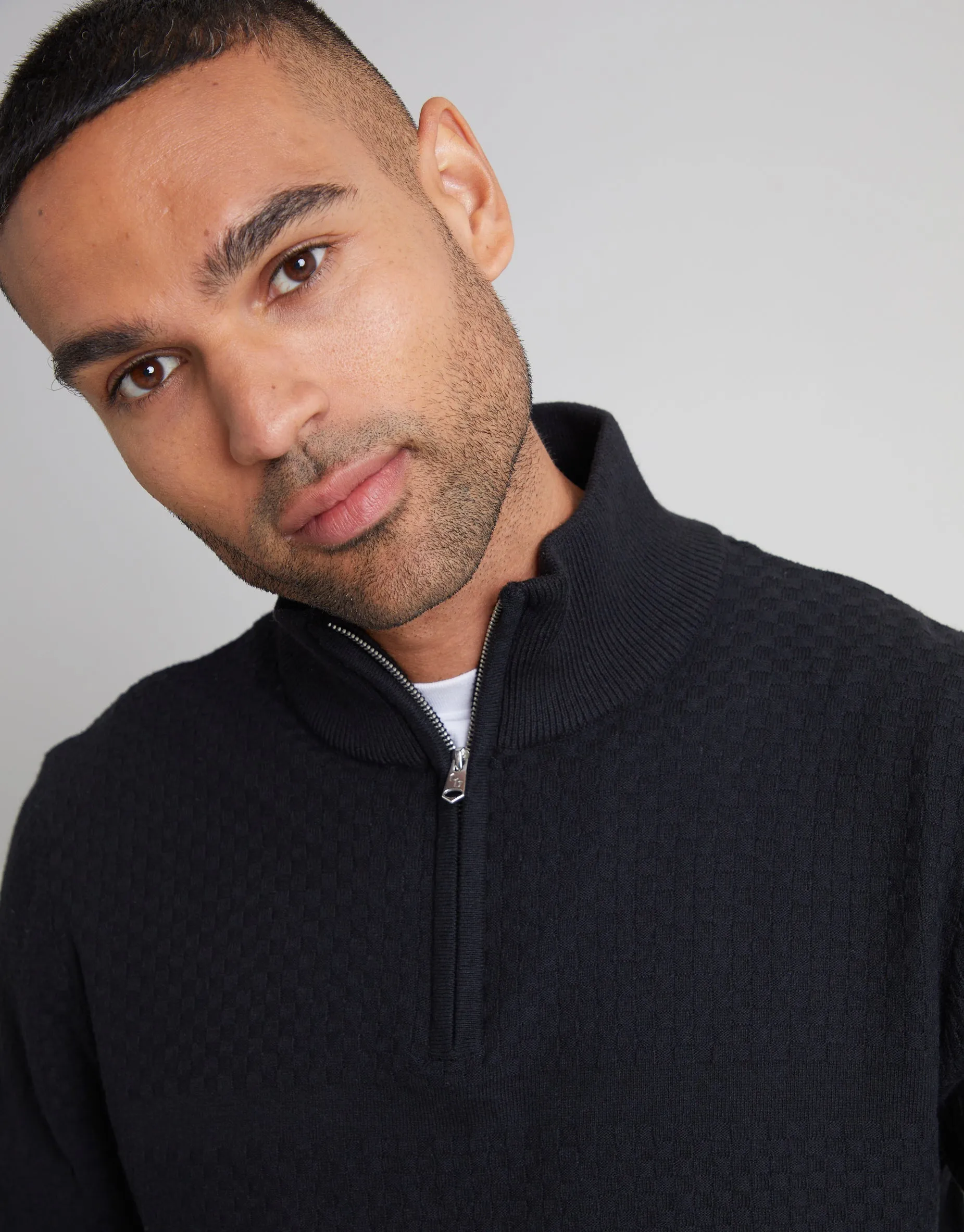 Men's Black Basket Stitch Detail Knitted Quarter Zip Jumper sold by Threadbare product image thumbnail 4