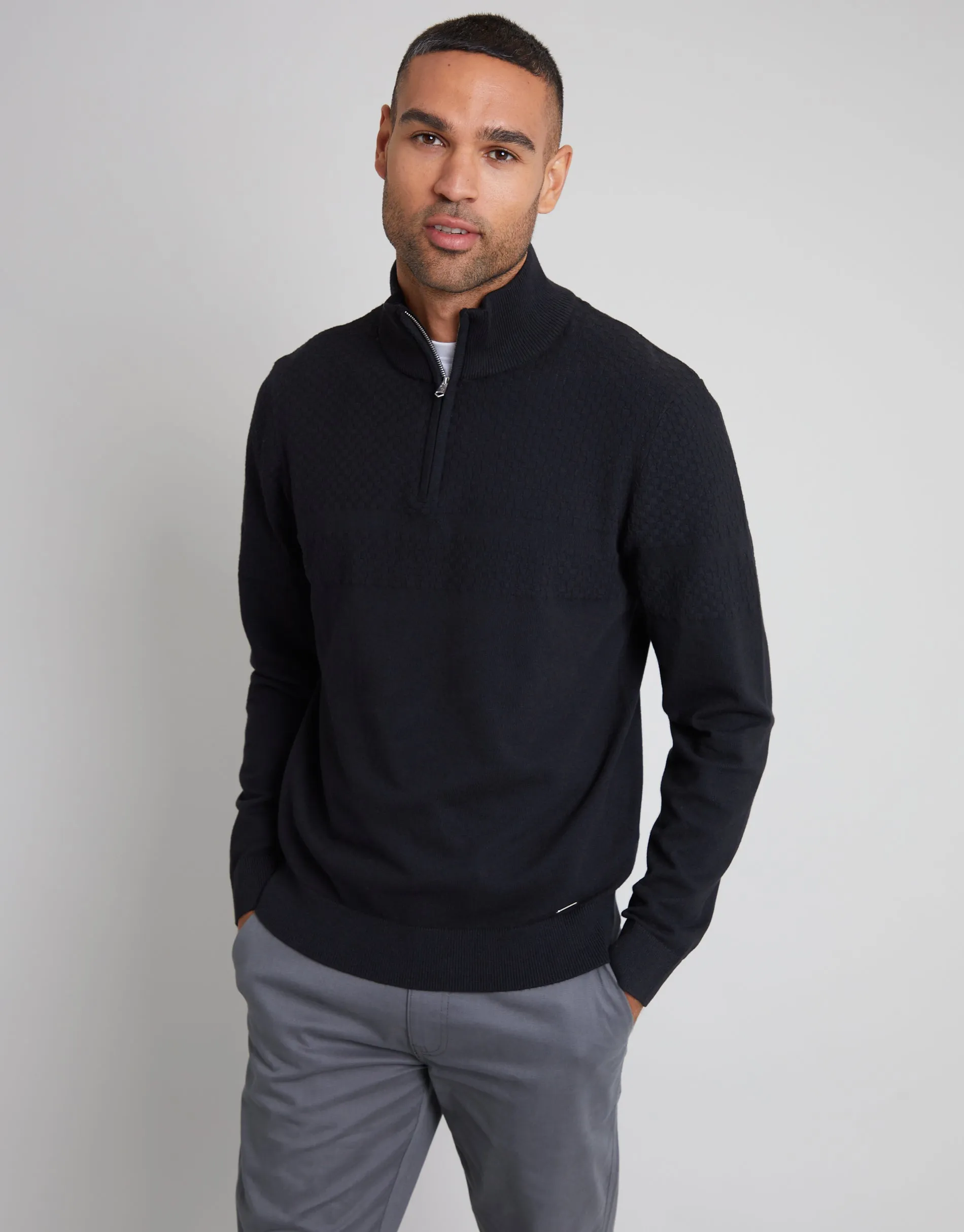 Men's Black Basket Stitch Detail Knitted Quarter Zip Jumper sold by Threadbare