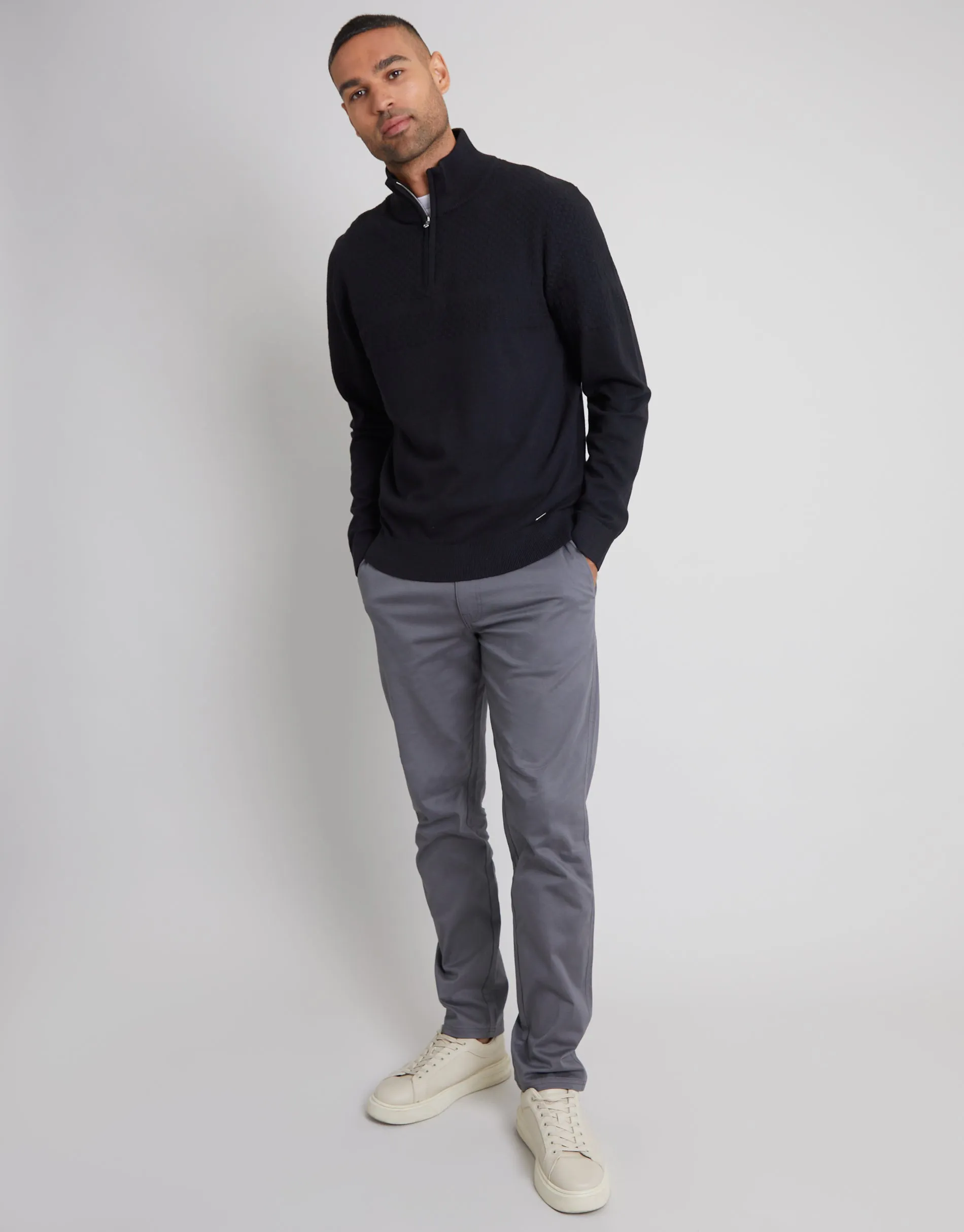 Men's Black Basket Stitch Detail Knitted Quarter Zip Jumper sold by Threadbare product image thumbnail 3