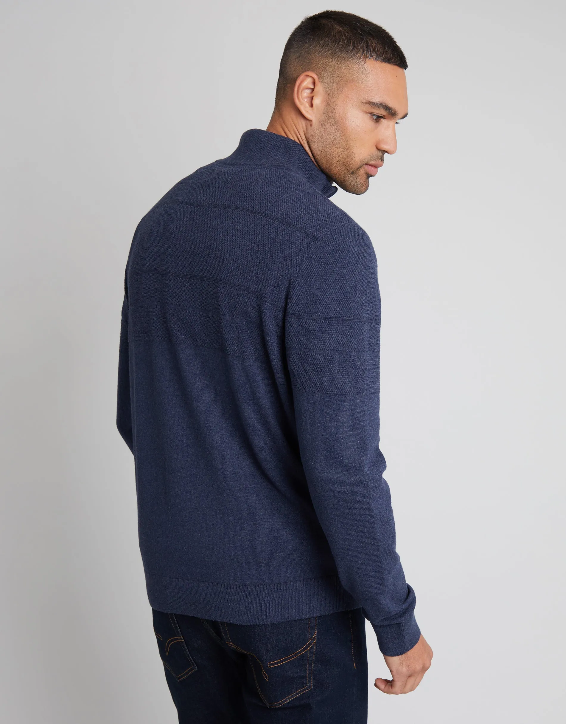 Men's Navy Marl Textured Stripe Detail Quarter Zip Jumper sold by Threadbare product image thumbnail 2