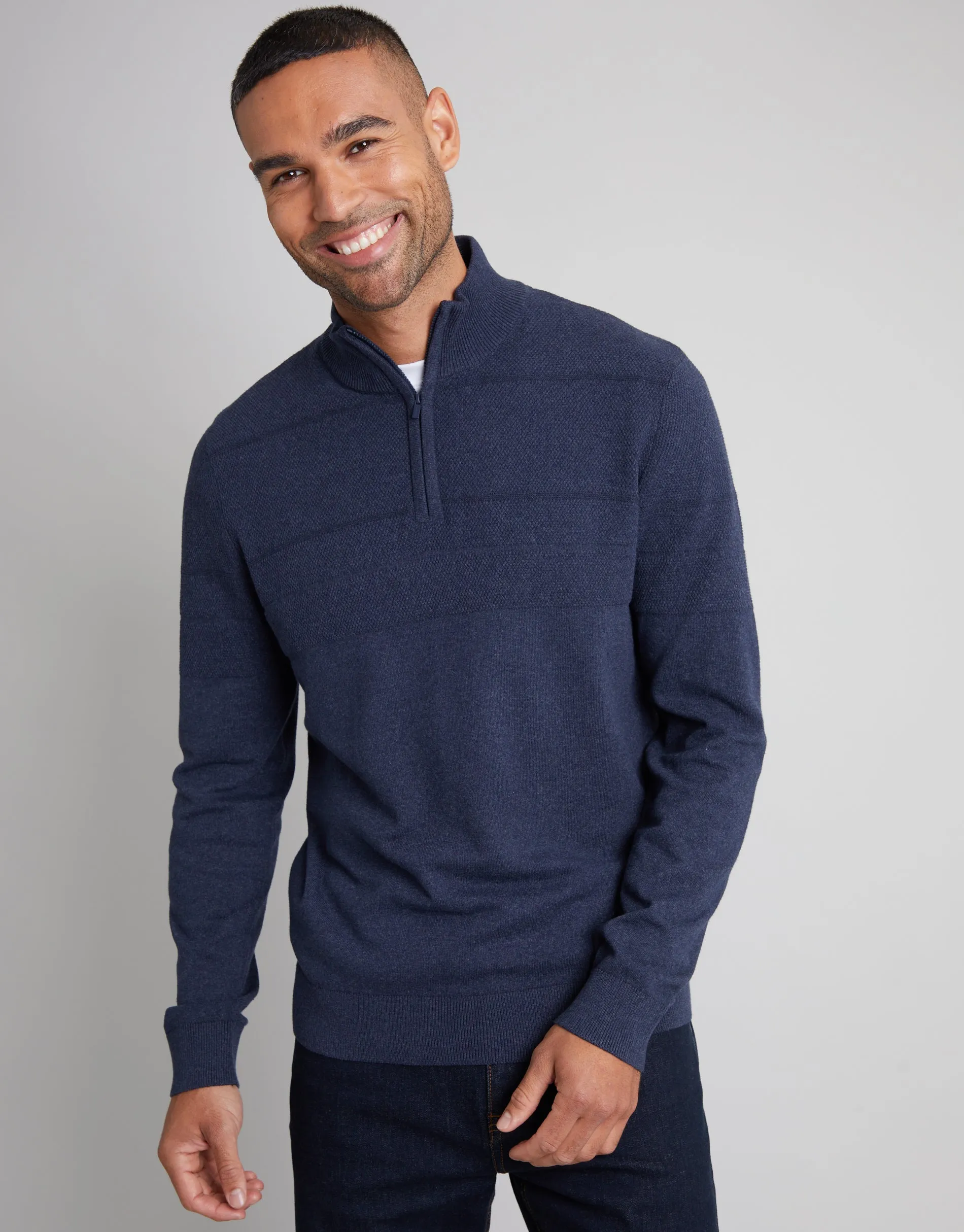 Men's Navy Marl Textured Stripe Detail Quarter Zip Jumper sold by Threadbare