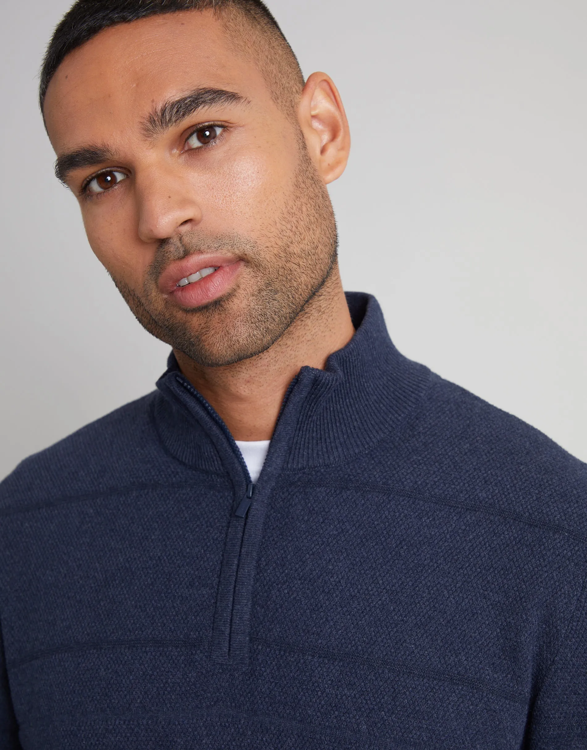 Men's Navy Marl Textured Stripe Detail Quarter Zip Jumper sold by Threadbare product image thumbnail 4