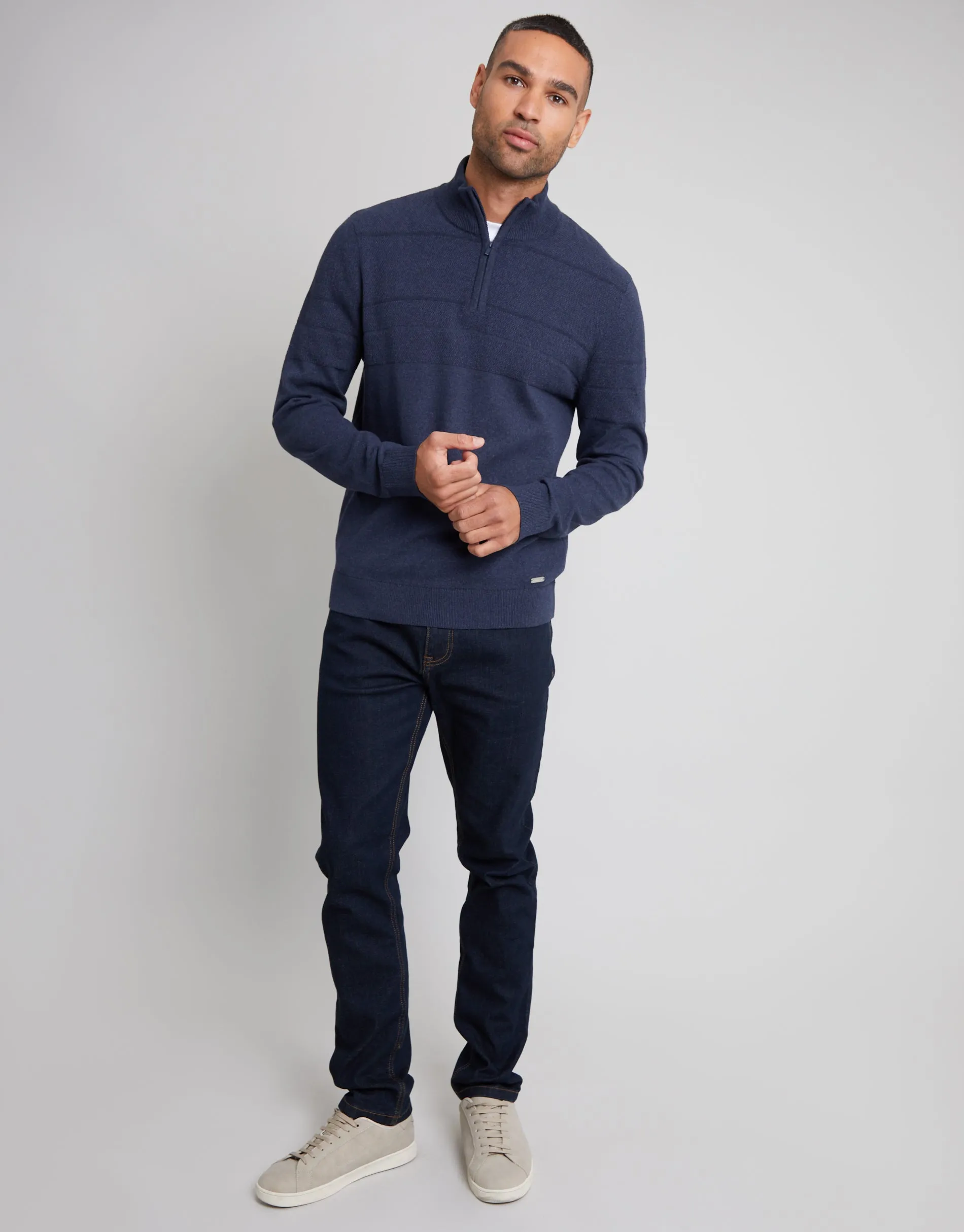 Men's Navy Marl Textured Stripe Detail Quarter Zip Jumper sold by Threadbare product image thumbnail 3