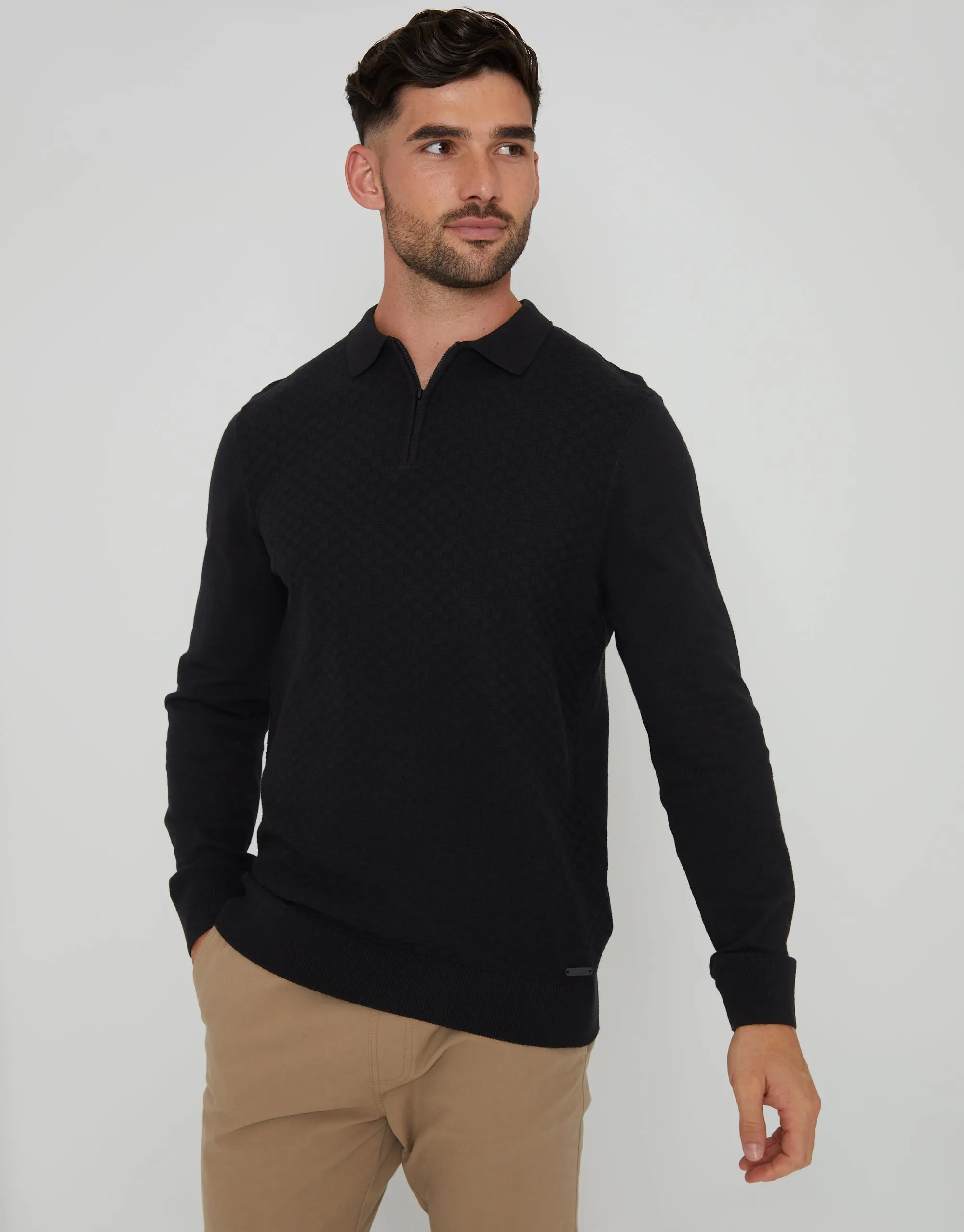 Threadbare Men's Black Long Sleeve Quarter Zip Knitted Polo Jumper sold by Threadbare